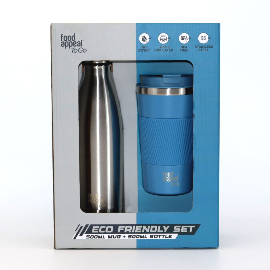 סט בקבוק תרמי 500 מ"ל נירוסטה + מאג תרמי כחול 500 מ"ל