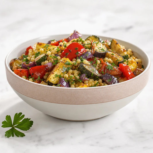 סט 6 קעריות 15.3 ס"מ ניו בון ציינה JASMIN | Using @source image as the sole reference for the serving bowl and @visual reference (mood/lighting/style only), generate a professional close-up commercial foo