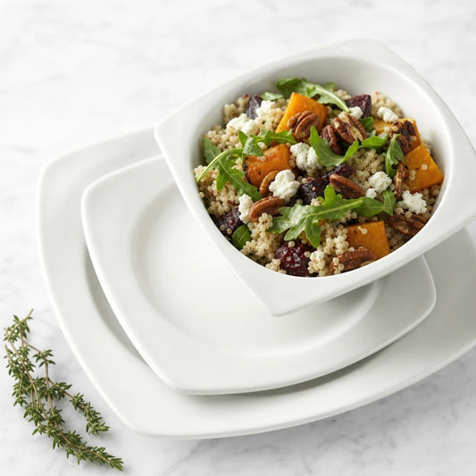 סט אוכל 18 חלקים מרובע לבן Quadro בון ציינה | Using @source image as the sole reference for the serving bowl and @visual reference (mood/lighting/style only), generate a professional close-up commercial foo
