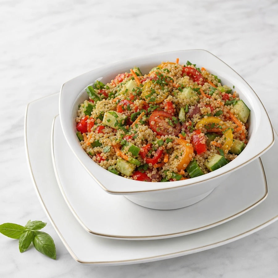 סט אוכל 18 חלקים מרובע לבן פס זהב Quadro gold | Using @source image as the sole reference for the serving bowl and @visual reference (mood/lighting/style only), generate a professional close-up commercial foo
