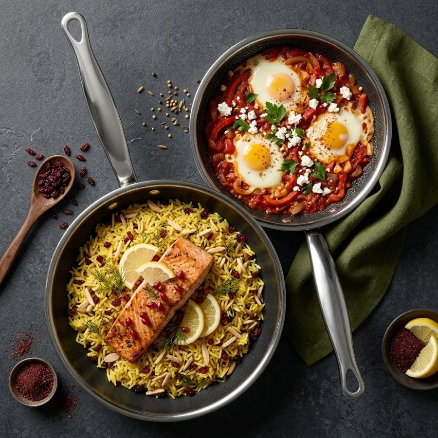 מארז 2 מחבתות 20/26 ס"מ HYBRIDPAN ZERO | TASK: Create a professional, photorealistic overhead (top-down, flat-lay) food photography composite.