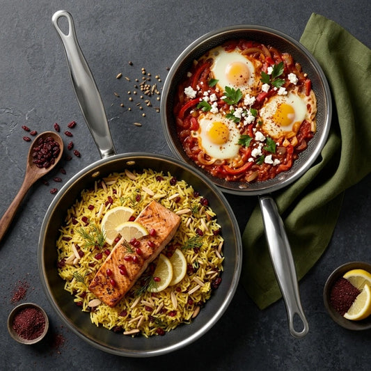 מארז 2 מחבתות 20/26 ס"מ HYBRIDPAN ZERO | TASK: Create a professional, photorealistic overhead (top-down, flat-lay) food photography composite.