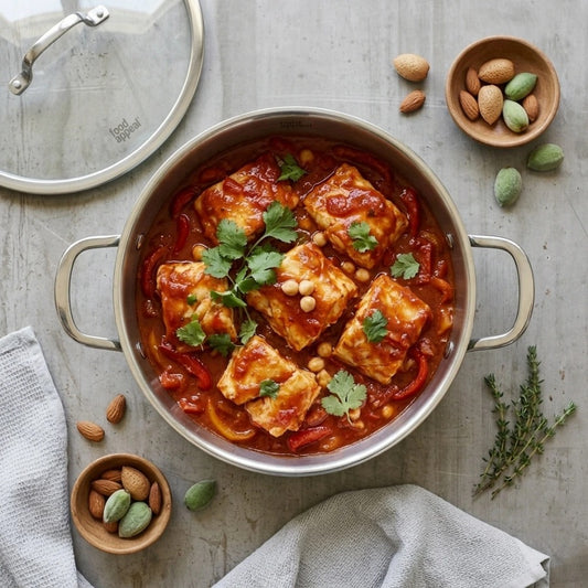 סוטאז' 7*28 ס"מ, 4 ליטר HYBRIDPAN ZERO | Create a single, hyper-realistic overhead (top-down) food photography shot, in the natural editorial style of "Visual Reference 1" — same soft window-light qual