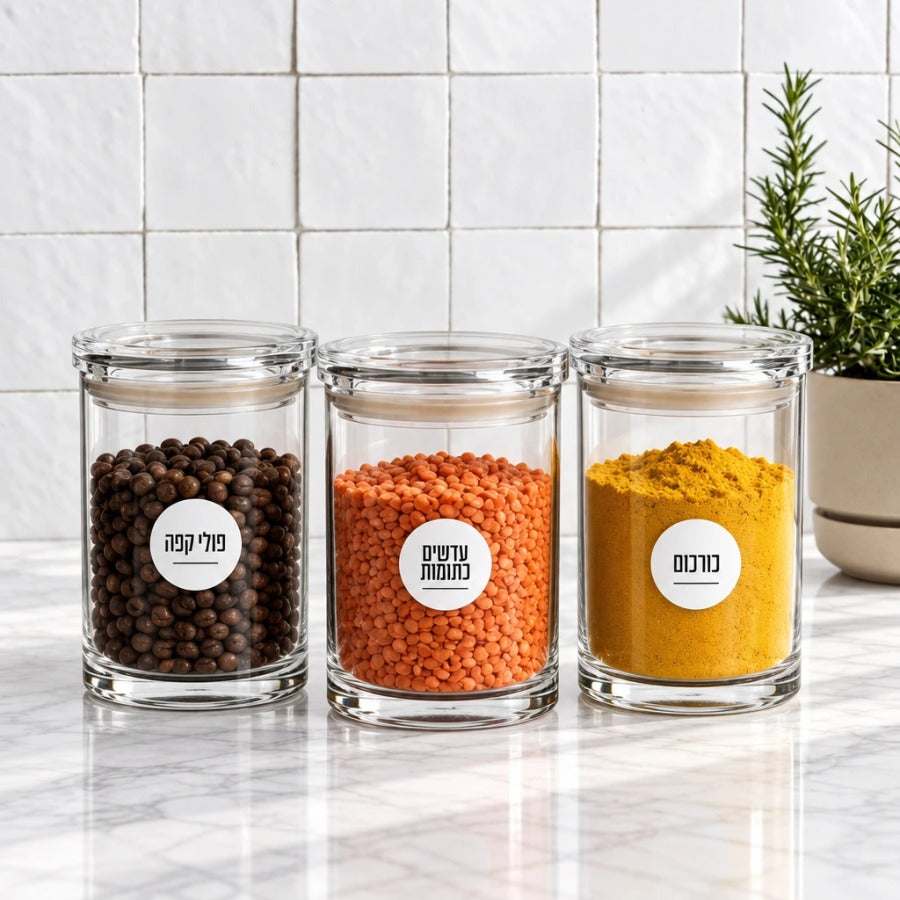 סט 3 אחסוניות עגולות אקרילי 850 מ"ל CLEAR & FRESH | Create a premium eye-level lifestyle product photograph by placing the storage canisters from the source image into the scene from @visual reference 2.
