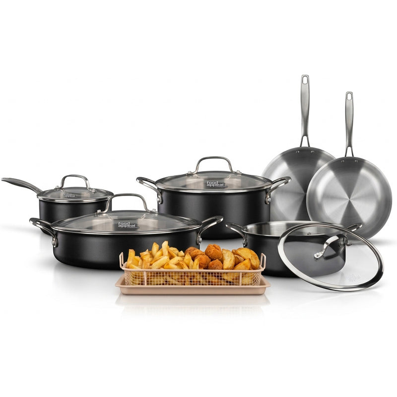 מארז בישול 10 חלקים - סירים 20/24 ס"מ סוטאז' 28 ס"מ מחבתות 24/28 ס"מ שחור+קריספר עם מגש שחור HYBRIDP