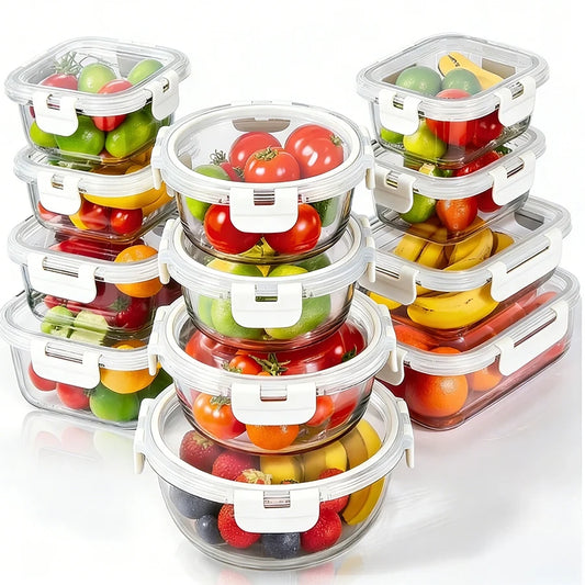 סט 12 כלי אחסון זכוכית מחוסמת GLASS CLOC עם מכסים וקליפסים לבן אונליין