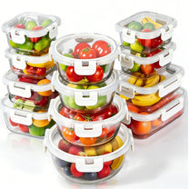 סט 12 כלי אחסון זכוכית מחוסמת GLASS CLOC עם מכסים וקליפסים לבן אונליין B2B2C