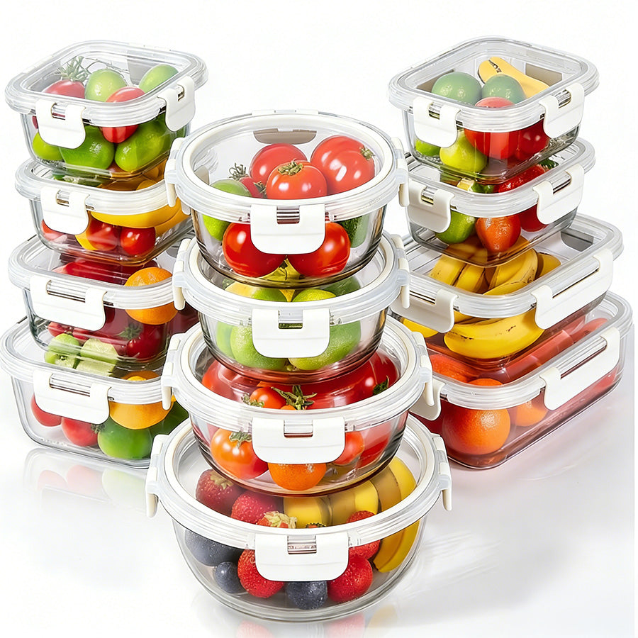 סט 12 כלי אחסון זכוכית מחוסמת GLASS CLOC עם מכסים וקליפסים לבן אונליין B2B2C