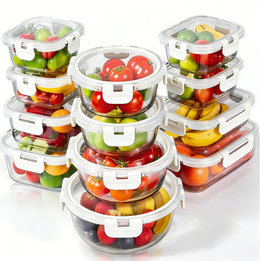 סט 12 כלי אחסון זכוכית מחוסמת GLASS CLOC עם מכסים וקליפסים לבן אונליין