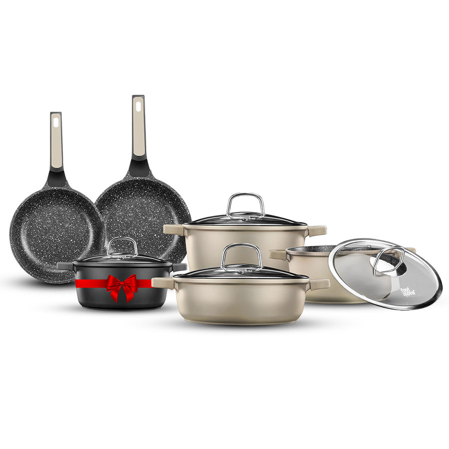 מארז כלי בישול 10 חלקים - MARBLE CLASS קרם (סיר 18 ס"מ שחור) מבית Food appeal