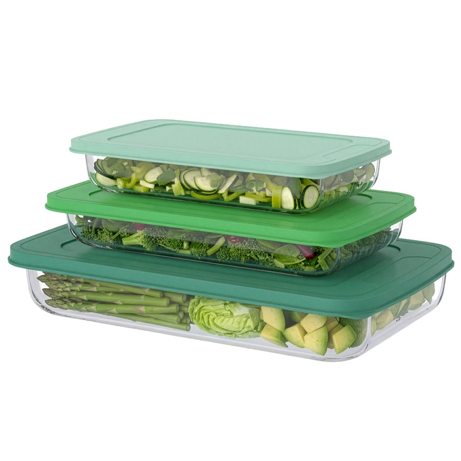 סט 3 תבניות מלבניות זכוכית עם מכסה ירוק GLASS CLOC