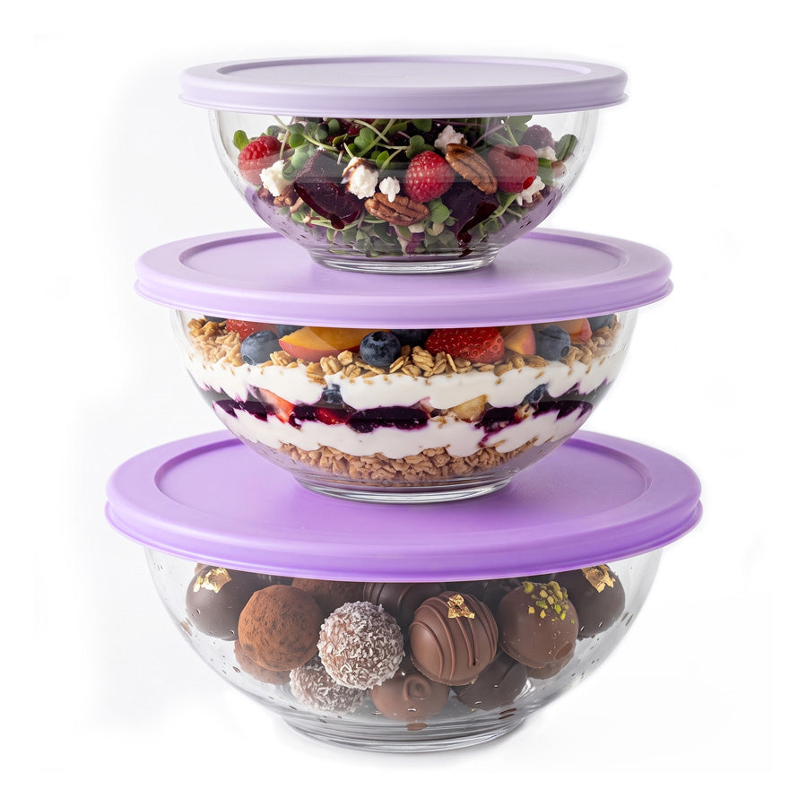 סט אחסון זכוכית 3 חל' עגול 500+1000+2000 מ"ל GLASS FOOD סגול