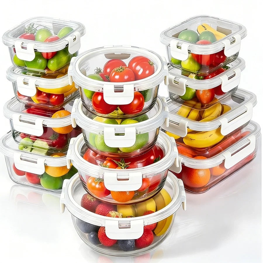 סט 12 כלי אחסון זכוכית מחוסמת GLASS CLOC עם מכסים וקליפסים לבן אונליין