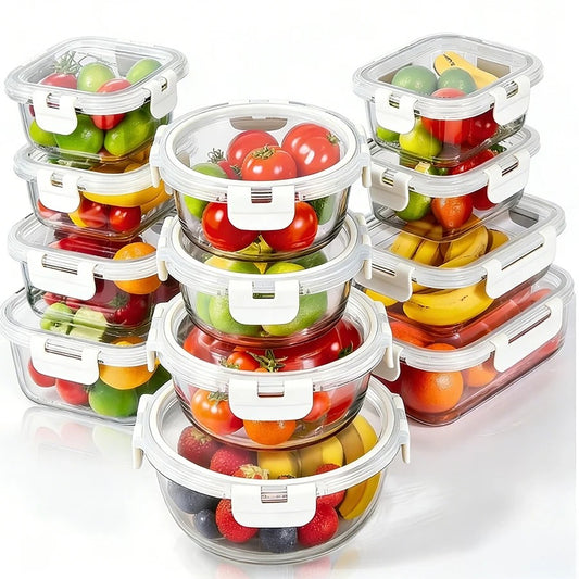 סט 12 כלי אחסון זכוכית מחוסמת GLASS CLOC עם מכסים וקליפסים לבן אונליין