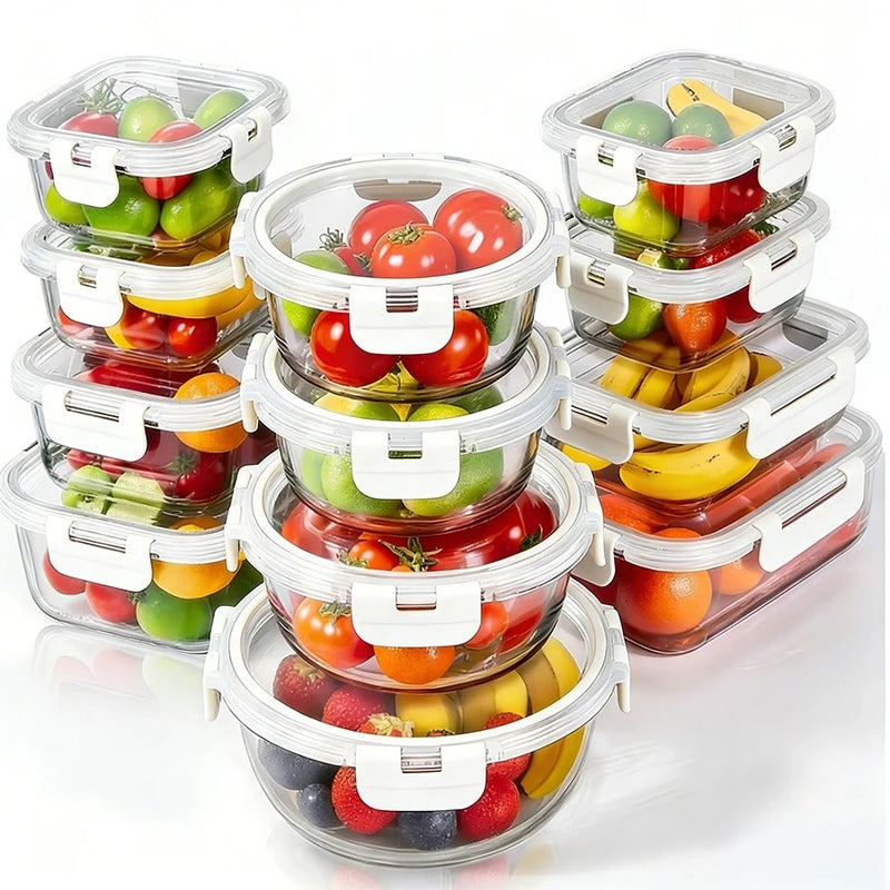 סט 12 כלי אחסון זכוכית מחוסמת GLASS CLOC עם מכסים וקליפסים לבן אונליין