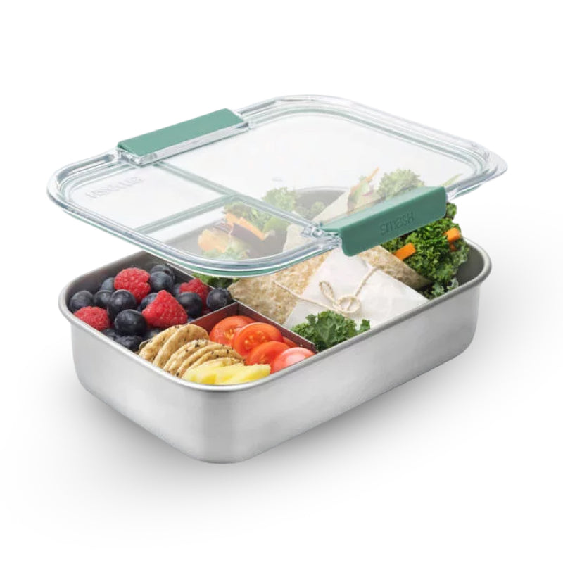 קופסת אוכל Microwave Safe מלבנית מחולקת 3 תאים נירוסטה 1.3 ל' מכסה TRITAN ירוק הרמטי