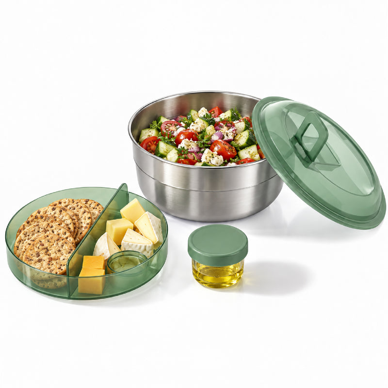 קופסת ארוחה/סלט Microwave Safe עגולה/מחולקת 1.8 ל' מכסה TRITAN ירוק הרמטי