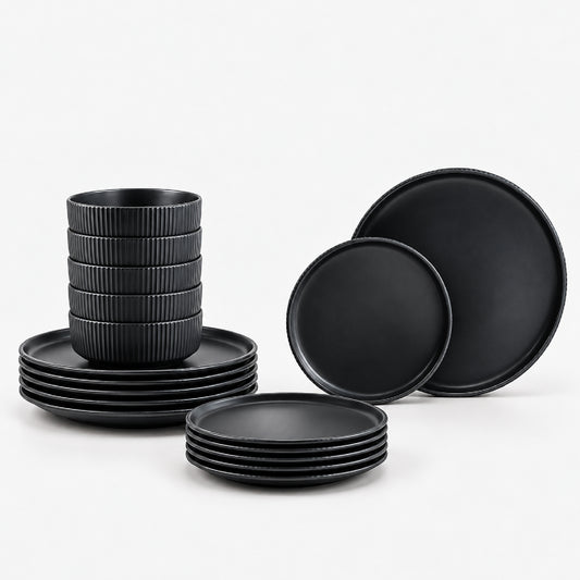 סט אוכל 18 חלקים קרמיקה BLACK LINES RAYA (צלחות 27,20,קערית 15 ס"מ)