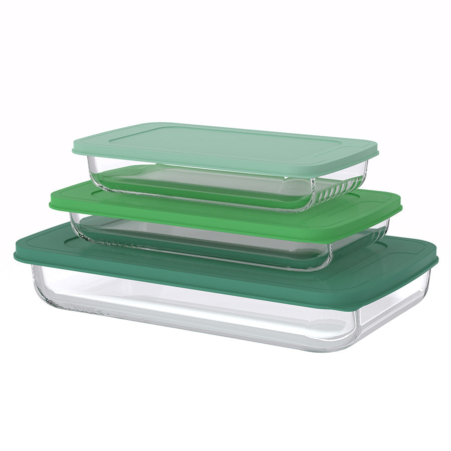 סט 3 תבניות מלבניות זכוכית עם מכסה ירוק GLASS CLOC