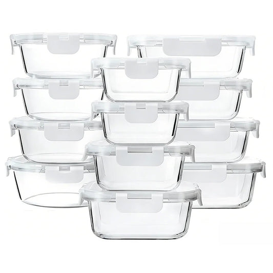 סט 12 כלי אחסון זכוכית מחוסמת GLASS CLOC עם מכסים וקליפסים לבן אונליין