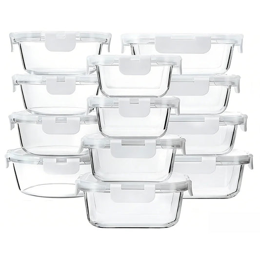 סט 12 כלי אחסון זכוכית מחוסמת GLASS CLOC עם מכסים וקליפסים לבן אונליין