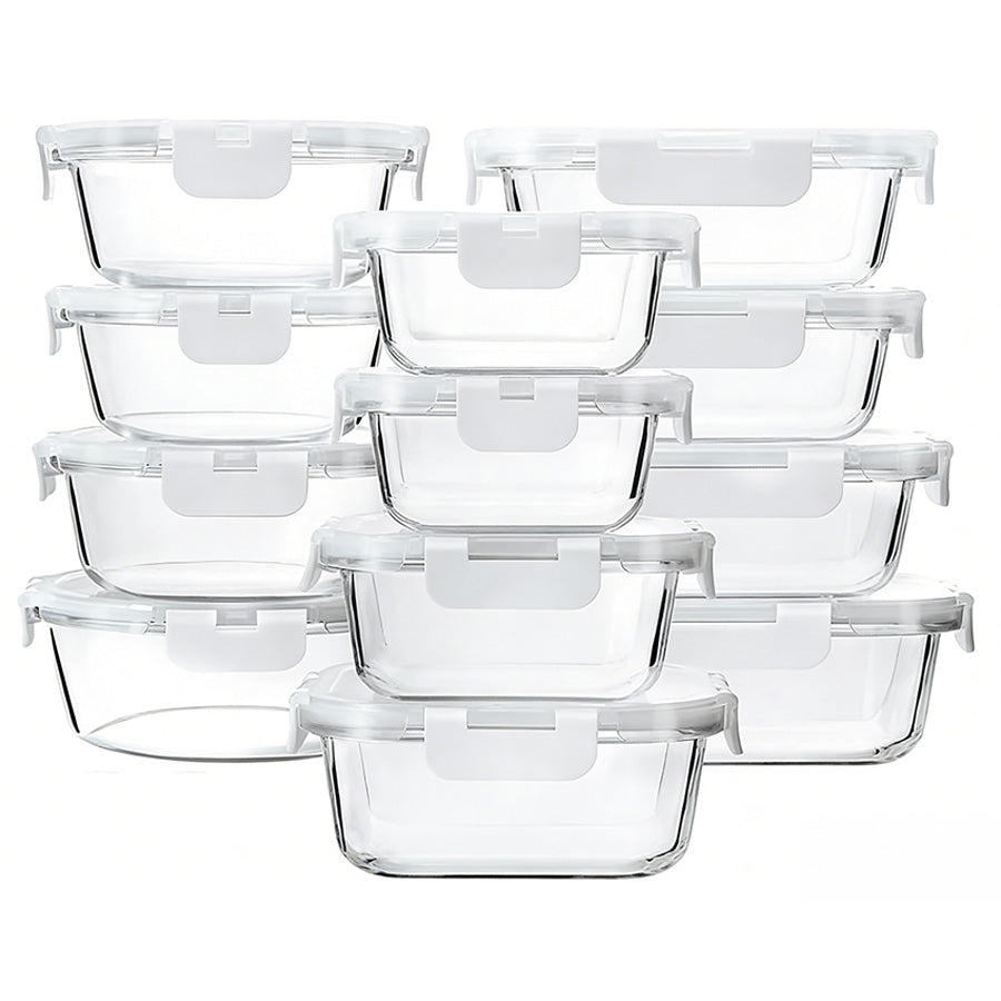 סט 12 כלי אחסון זכוכית מחוסמת GLASS CLOC עם מכסים וקליפסים לבן אונליין B2B2C
