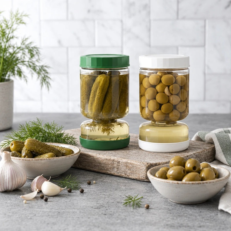 זוג צנצנות חמוצים ירוק+לבן עם מפריד יבש/רטוב