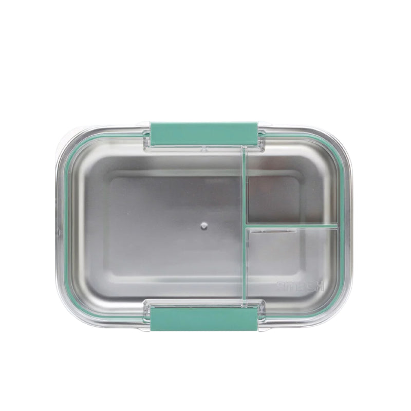 קופסת אוכל Microwave Safe מלבנית מחולקת 3 תאים נירוסטה 1.3 ל' מכסה TRITAN ירוק הרמטי