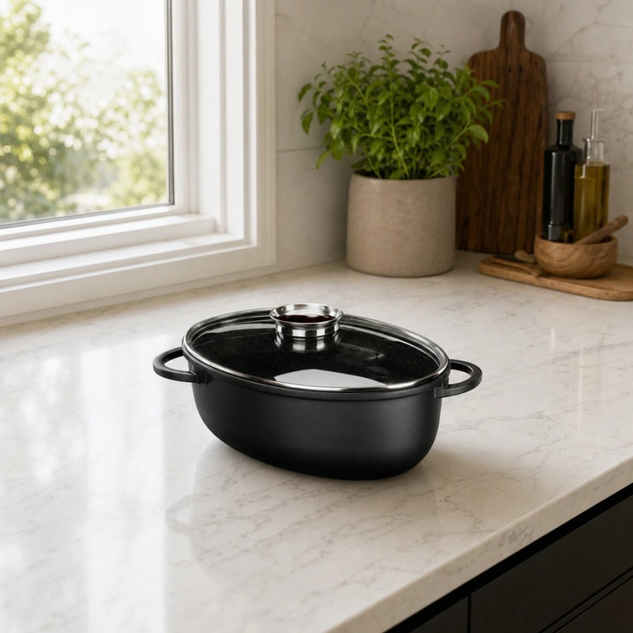 רוסטר אובלי עם מכסה ארומטי 14*32*42 ס"מ , 12 ליטר BLACK MARBLE | רוסטר אובלי עם מכסה ארומטי 12 ליטר BLACK MARBLE | Food Appeal