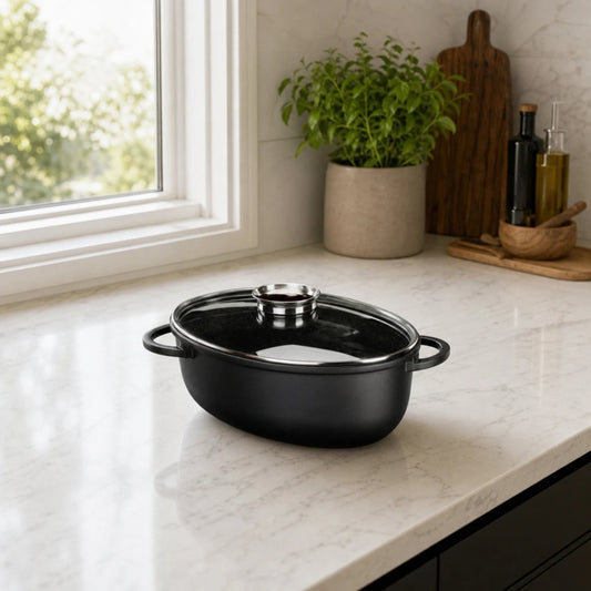 רוסטר אובלי עם מכסה ארומטי 14*32*42 ס"מ , 12 ליטר BLACK MARBLE | רוסטר אובלי עם מכסה ארומטי 12 ליטר BLACK MARBLE | Food Appeal