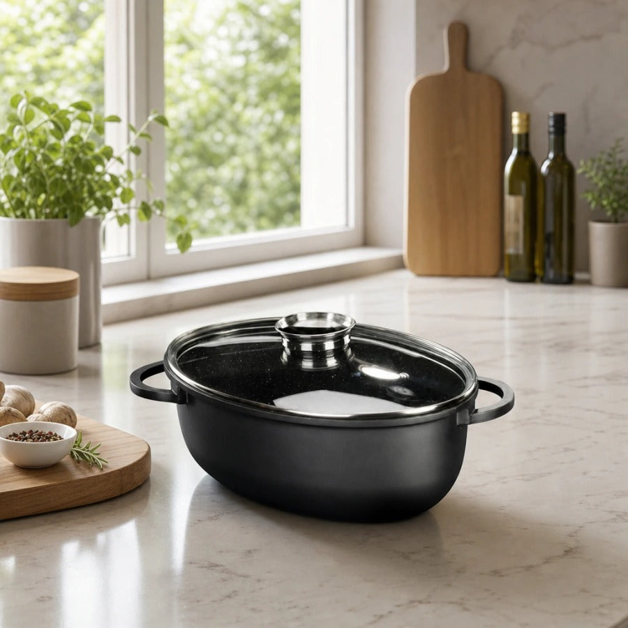 רוסטר אובלי עם מכסה ארומטי 13*24*38 ס"מ , 8 ליטר BLACK MARBLE | רוסטר אובלי עם מכסה ארומטי 7.4 ליטר BLACK MARBLE | Food Appeal