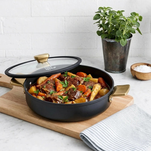 סוטאז' 28 ס"מ 3.9 ליטר ENIGMA NONSTICK שחור ידיות זהב | סוטאז' 28 ס"מ ENIGMA NONSTICK ליטר שחור ידיות זהב | Food Appeal