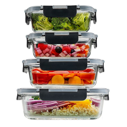 סט 4 כלי אחסון זכוכית GLASS CLOC עם מכסים וקליפס שחור מבית Food appeal