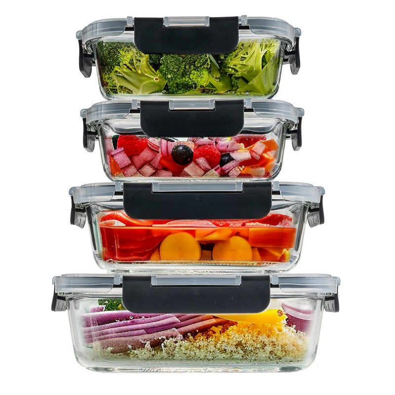 סט 4 כלי אחסון זכוכית GLASS CLOC עם מכסים וקליפס שחור מבית Food appeal