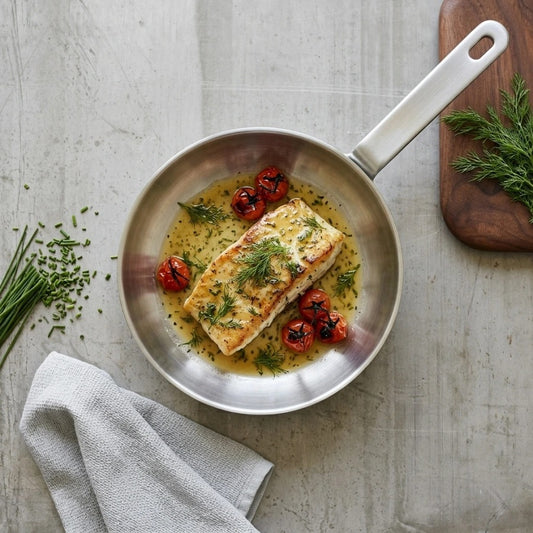 מחבת נירוסטה מיני 16 ס"מ HYBRIDPAN ZERO | Create a single, hyper-realistic overhead (top-down) food photography shot, in the natural editorial style of "Visual Reference 1" — same soft window-light qual