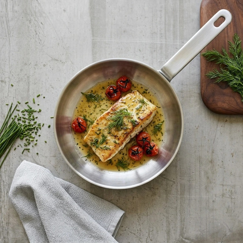 מחבת נירוסטה מיני 16 ס"מ HYBRIDPAN ZERO | Create a single, hyper-realistic overhead (top-down) food photography shot, in the natural editorial style of "Visual Reference 1" — same soft window-light qual