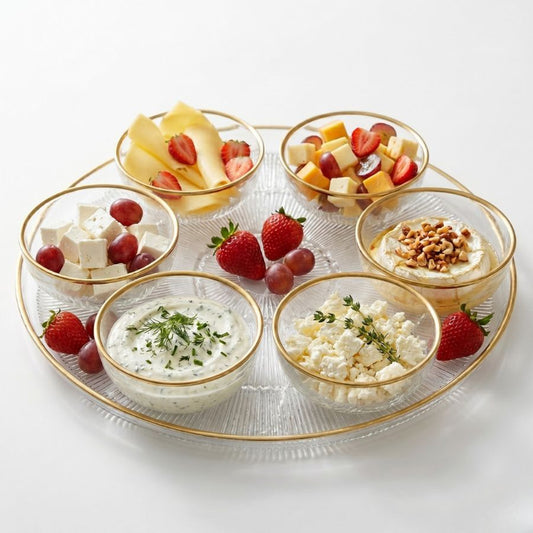 מארז צלחת הגשה 33 ס"מ + 6 קעריות 10 ס"מ זכוכית מעוטרת זהב JIL מבית Food appeal
