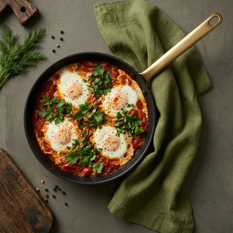 מחבת 20 ס"מ ENIGMA NONSTICK שחור ידיות זהב | Create a single, hyper-realistic overhead (top-down) food photography shot, in the natural editorial style of "Visual Reference 1" — same soft window-light qual