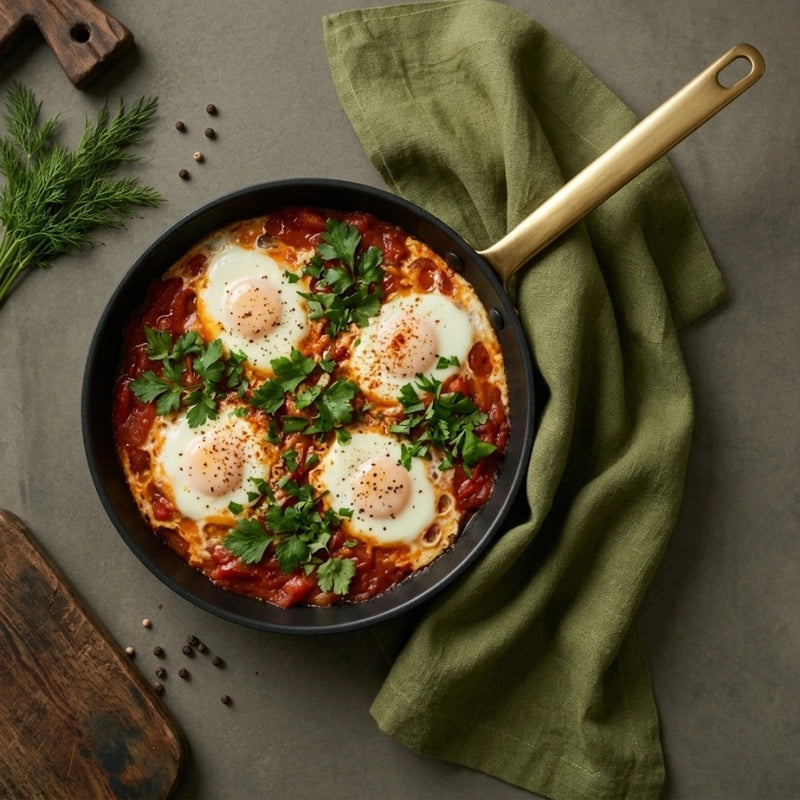 מחבת 20 ס"מ ENIGMA NONSTICK שחור ידיות זהב | Create a single, hyper-realistic overhead (top-down) food photography shot, in the natural editorial style of "Visual Reference 1" — same soft window-light qual
