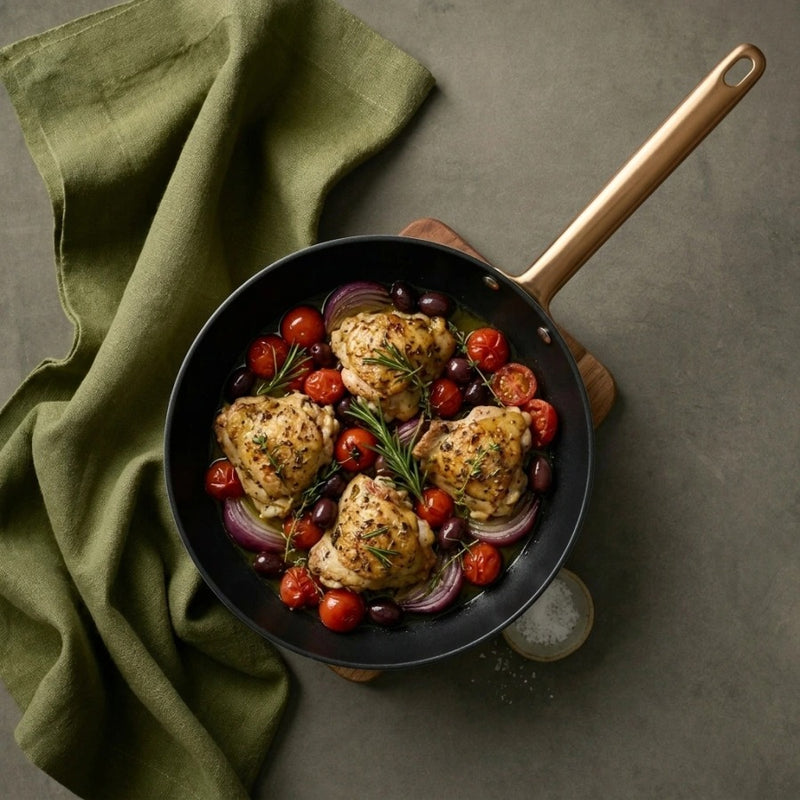 מחבת 32 ס"מ ENIGMA NONSTICK קרם ידיות שמפניה | Create a single, hyper-realistic overhead (top-down) food photography shot, in the natural editorial style of "Visual Reference 1" — same soft window-light qual