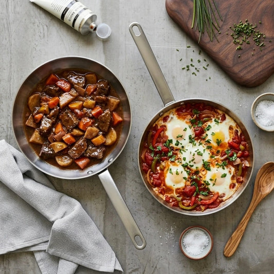 מארז מחבתות 24 + 28 ס"מ יציקת נירוסטה ENIGMA | Create a single, hyper-realistic overhead (top-down) food photography shot, in the natural editorial style of "Visual Reference 1" — same soft window-light qual