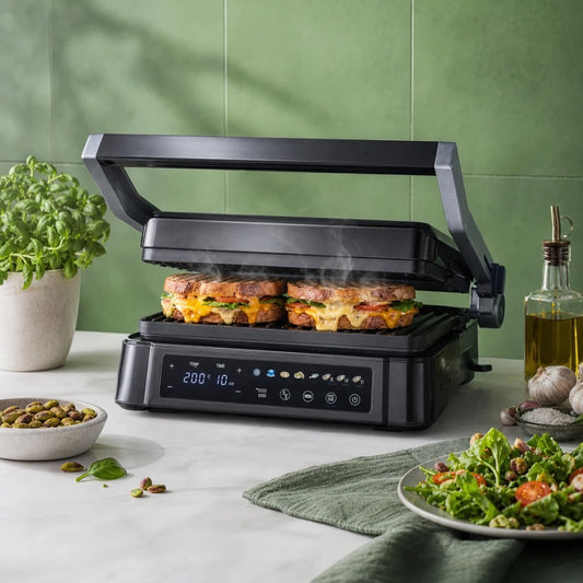 מכונת גריל וכריכים דיגיטלית ANYPRESS MASTER | אני רוצה תמונת אווירה למוצרי חשמל שבתמונת המקור, אני רוצה שהרקע יהיה בסגנון הרפרנס שצרפתי @visual reference 1 .