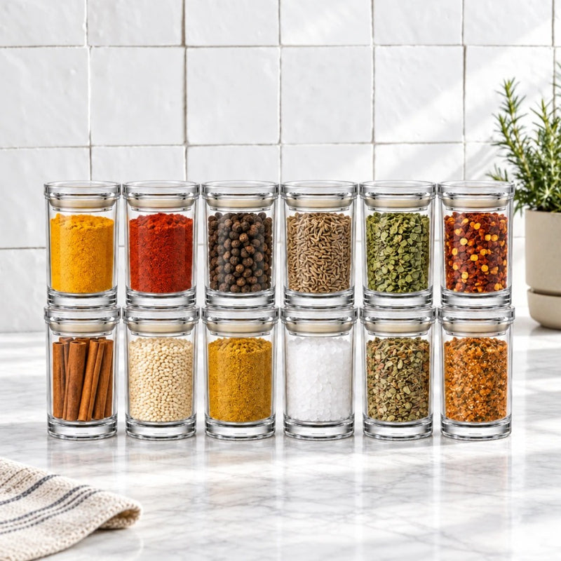 מארז 12 אחסוניות 150 מ"ל CLEAR & FRESH | Create a premium eye-level lifestyle product photograph by placing the storage canisters from the source image into the scene from @visual reference 2.