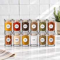 מארז 12 אחסוניות 150 מ"ל CLEAR & FRESH | Create a premium eye-level lifestyle product photograph by placing the storage canisters from the source image into the scene from @visual reference 2.