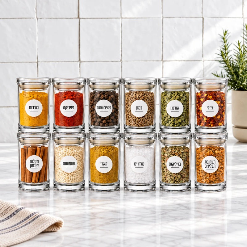מארז 12 אחסוניות 150 מ"ל CLEAR & FRESH | Create a premium eye-level lifestyle product photograph by placing the storage canisters from the source image into the scene from @visual reference 2.