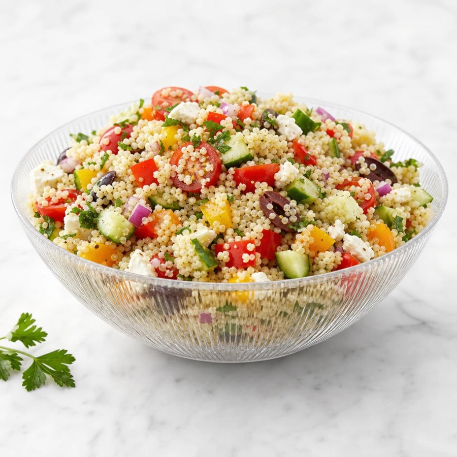 מארז 5 קערות זכוכית 4*16+23 ס"מ HOLLAND | Using @source image as the sole reference for the serving bowl and @visual reference (mood/lighting/style only), generate a professional close-up commercial foo