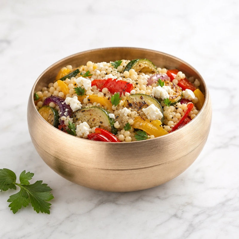 סט 4 קערות 12 ס"מ PURE GOLD | Using @source image as the sole reference for the serving bowl and @visual reference (mood/lighting/style only), generate a professional close-up commercial foo