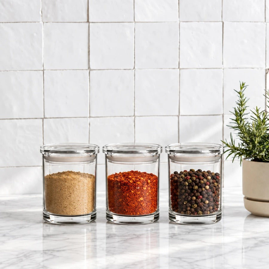 סט 3 אחסוניות עגולות אקרילי 650 מ"ל CLEAR & FRESH | Create a premium eye-level lifestyle product photograph by placing the storage canisters from the source image into the scene from @visual reference 2.