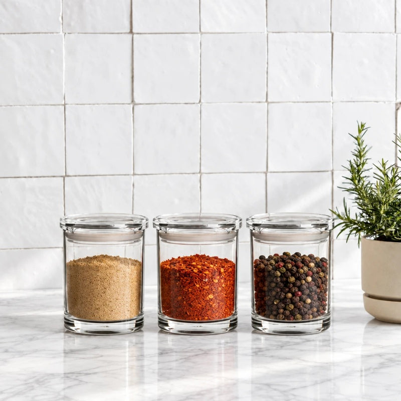 סט 3 אחסוניות עגולות אקרילי 650 מ"ל CLEAR & FRESH | Create a premium eye-level lifestyle product photograph by placing the storage canisters from the source image into the scene from @visual reference 2.