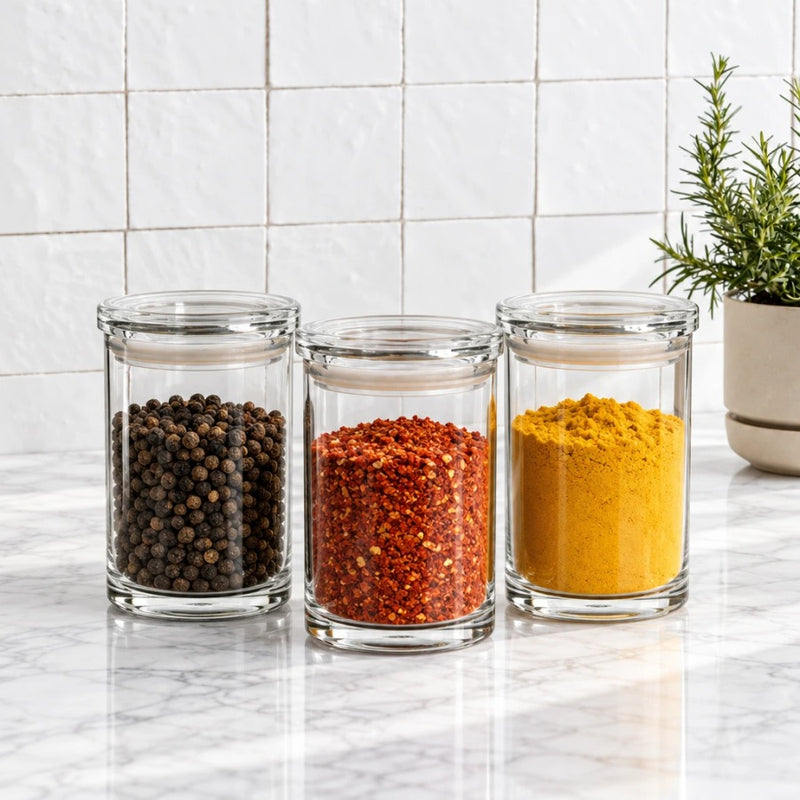 סט 3 אחסוניות עגולות אקרילי 850 מ"ל CLEAR & FRESH | Create a premium eye-level lifestyle product photograph by placing the storage canisters from the source image into the scene from @visual reference 2.